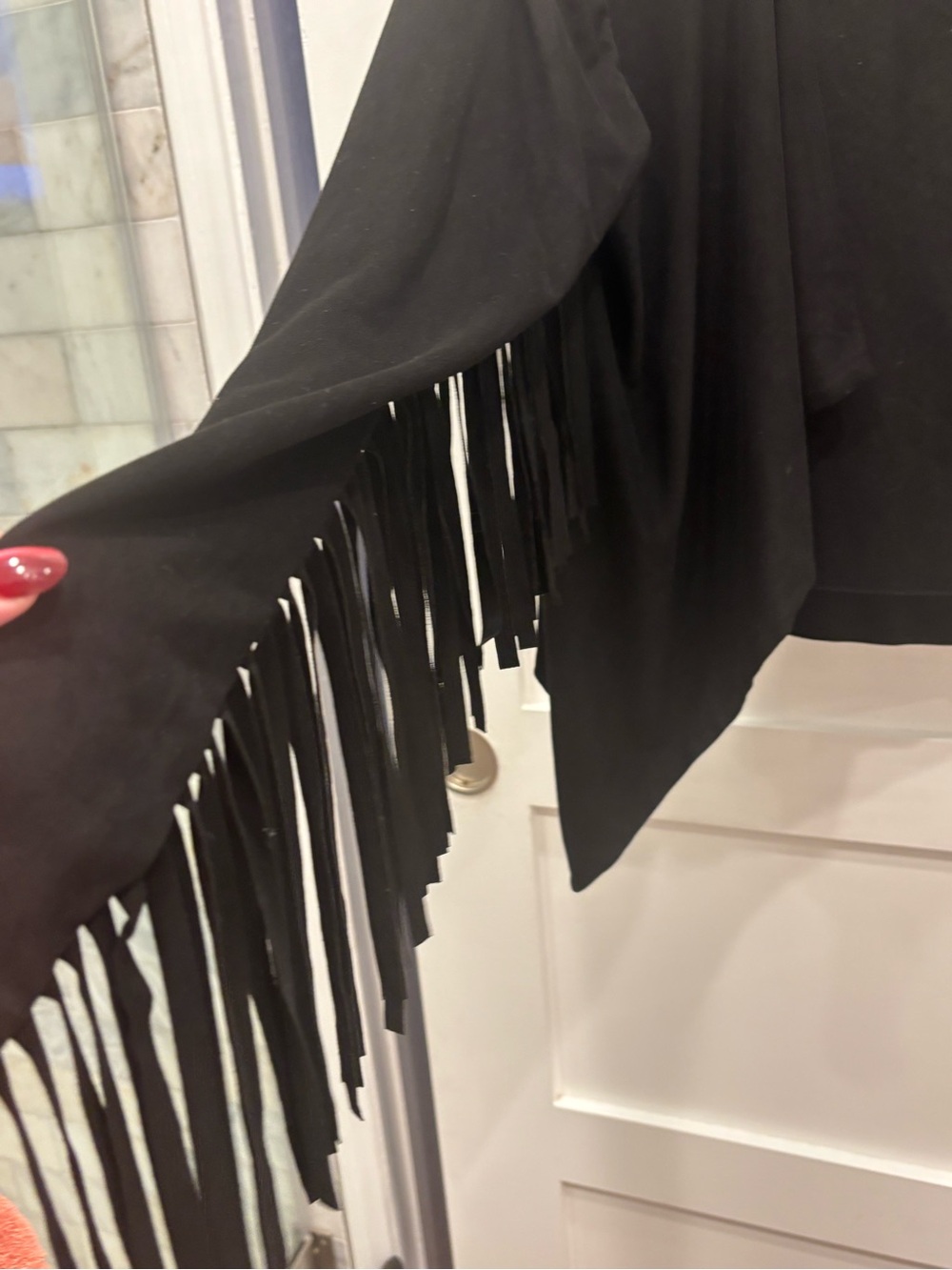 Moon Collection Black Draped Fringe Faux Suede Open Front Cardigan / Jacket - Picture 5 of 7